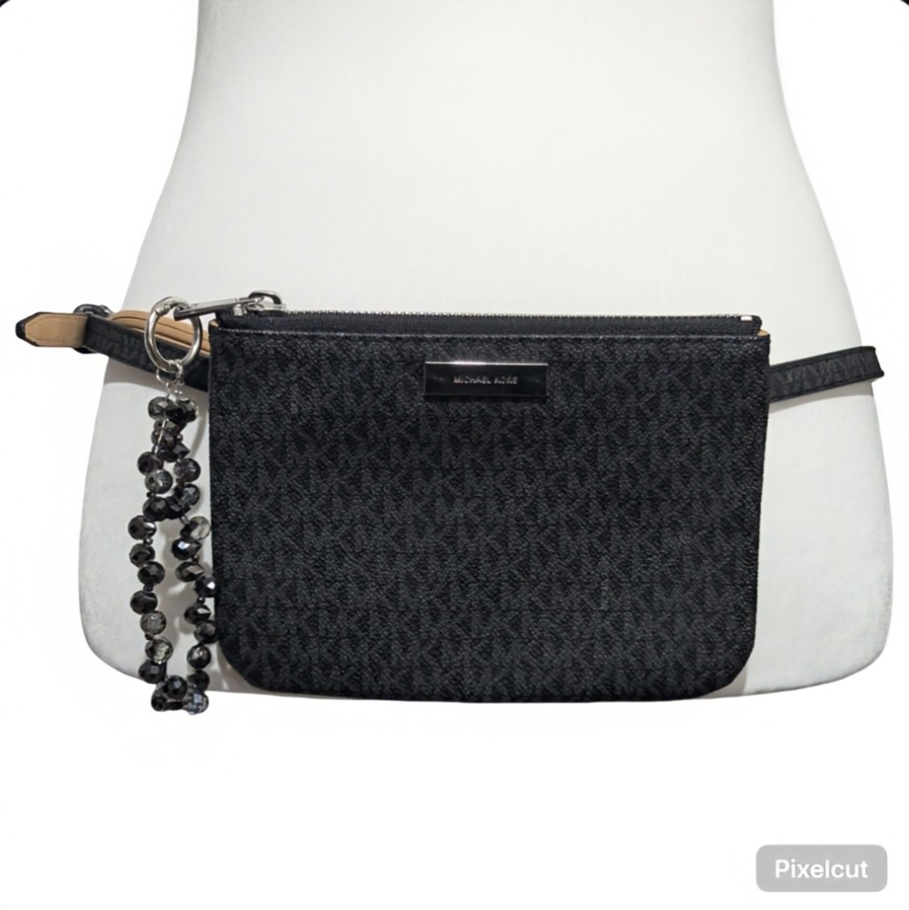 Michael Kors Black Signature Adjustable Mini Belt Bag w/ Removable Beaded Charm